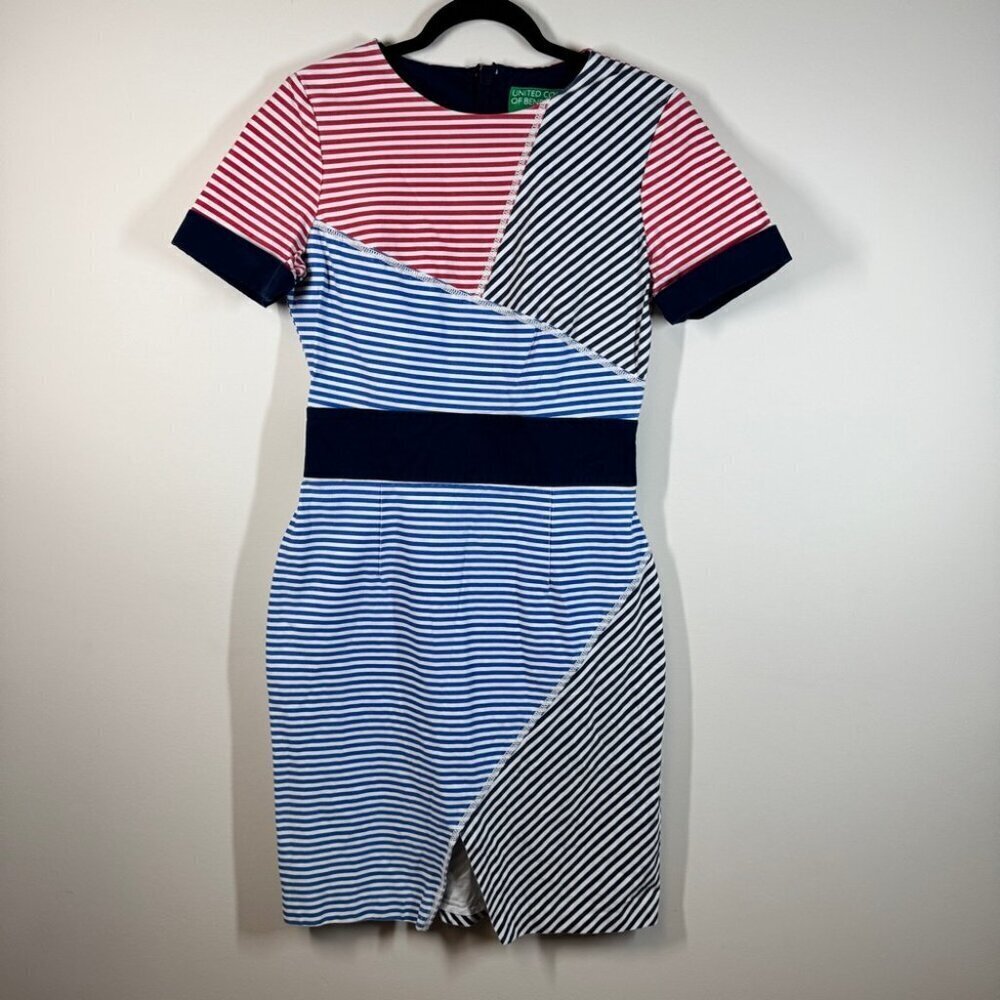 United Colors of Benetton Slim Fit Red Blue Stripes T-shirt Mini Dress No Size - Picture 3 of 16